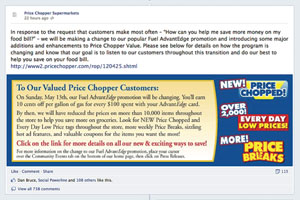 The Facebook page from Price Chopper illustrates some of the new capabilities of the social media network’s revamped “Timeline” configuration for businesses.