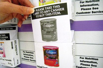 Stop & Shop features cards in its baby aisle that are used to purchase formula.