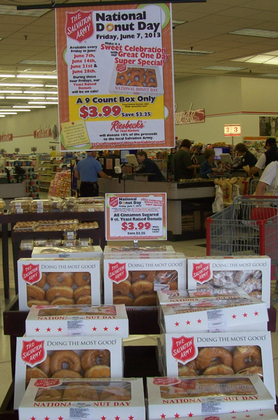 Riesbeck's offerd yeast-raised donuts Salvation Army logo boxes.
