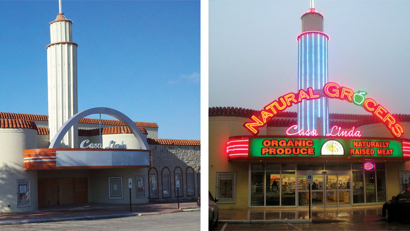 Natural Grocers converted this long-abandoned movie theater in Dallas to a supermarket.
