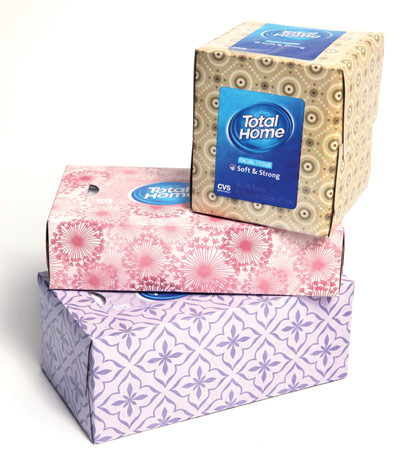 CVS’ Total Home tissue boxes are made from 100% recycled paperboard.